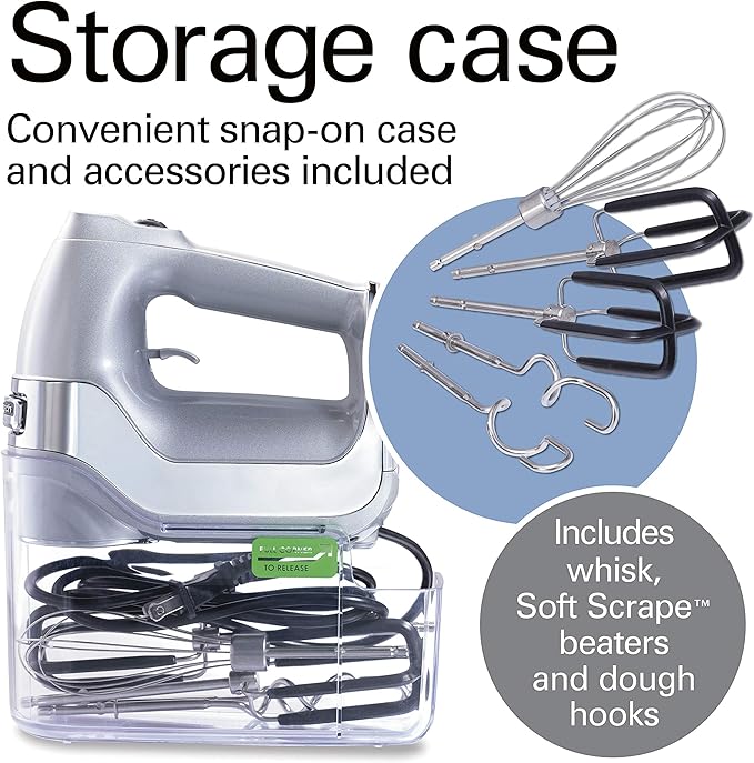 Hamilton Beach Professional 7-Speed Digital Electric Hand Mixer with High-Performance DC Motor, Slow Start, Snap-On Storage Case, SoftScrape Beaters, Whisk, Dough Hooks, Silver and Chrome (62657)