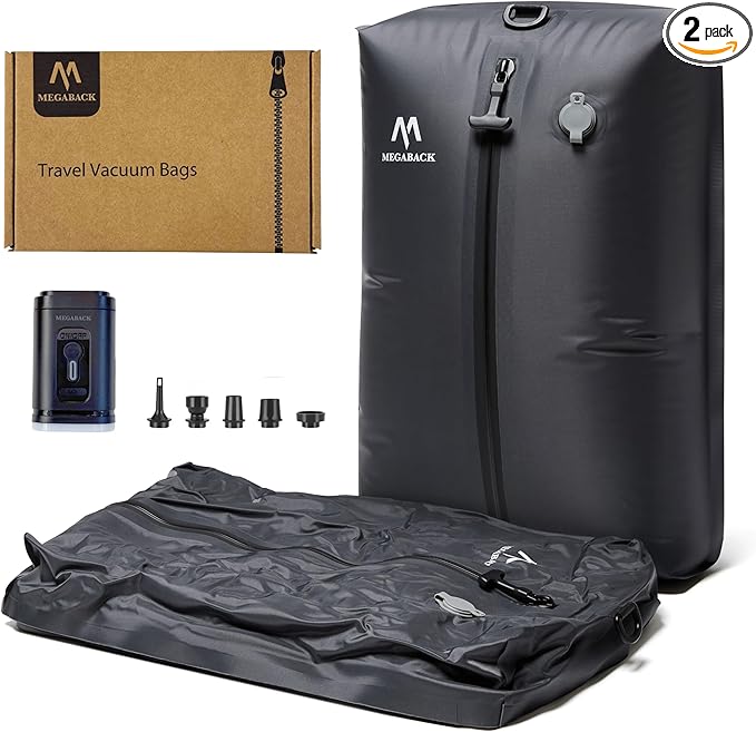 Vacuum Bags for Travel, IP67 Reusable Vacuum Seal Bags for Clothing with Electric Pump, Vacuum Seal Packing cube for Suitcases, Backpack & Travel (2PC+Pump)