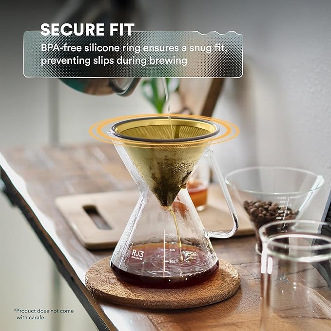 OVALWARE Paperless Stainless Steel Pour Over Coffee Filter – Reusable and Permanent Coffee Cone Dripper for Ovalware, Chemex, Hario and Other Carafes (Titanium Gold)
