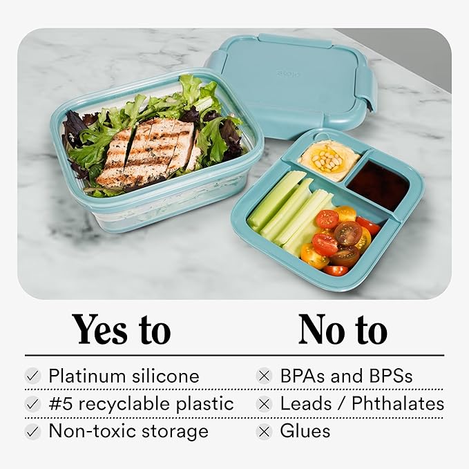 STOJO Collapsible Bento Box, Reusable, Leak-Proof, Microwave & Dishwasher Safe, Premium Lunch Container with Divider – Space-Saving, Transparent Design (Eucalyptus, 2.75-Cup/650mL)
