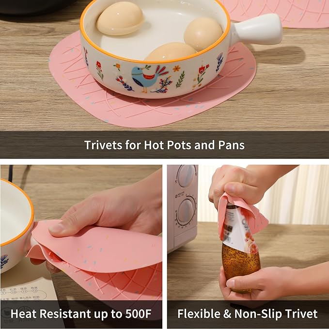 4 Pieces Oven Mitts of Macaron Color Thickened Non-Slip Silicone Kitchen Gloves, Heat Resistant up to 750F, Essential for Kitchen Baking (Pink)