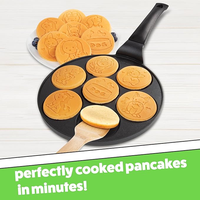 Puppy Friends Mini Pancake Pan- Make 7 Unique Flapjacks- Nonstick Griddle w Long Handle for Breakfast Pup Animal Fun & Easy Cleanup Fun Dog Related Gift for Kids & Adults, Boys Girls, Party Treat