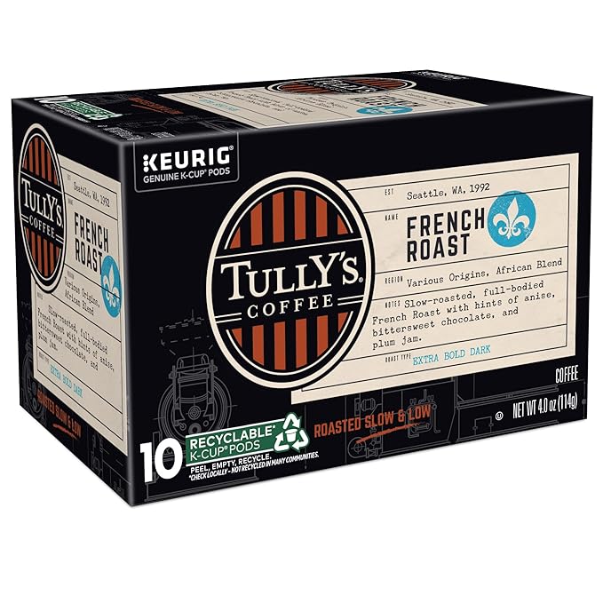 Tully's Coffee French Roast, Keurig Single Serve K-Cup Pods, Dark Roast Coffee, 60 Count, (6 Packs of 10)