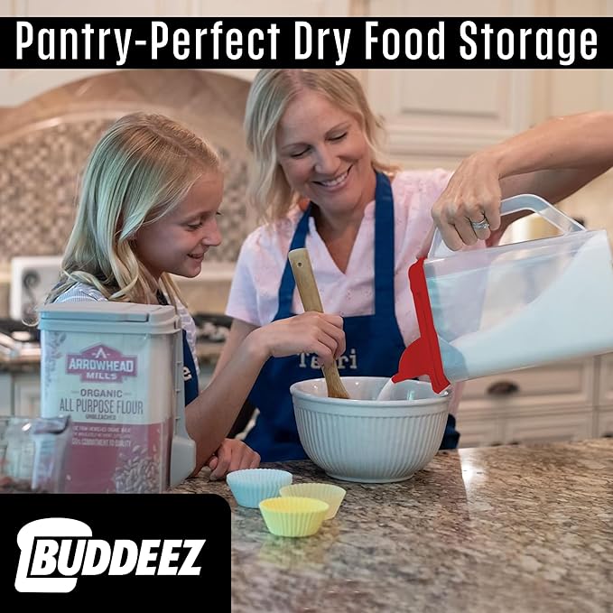 Buddeez Flour and Sugar Container - 4 Quart All Purpose Kitchen Organization and Storage Unit, Dry Storage Container For Kitchen, Large Food Storage Container for Organizing Your Pantry (Red Lid)