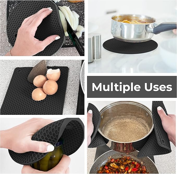Silicone Trivets for Hot Dishes, Pots, Pans (4 Pack) - Heat-Resistant Pot Holders for Kitchen Countertop Mats - Silicone Trivet Mat - Multipurpose Counter Pads (Black)