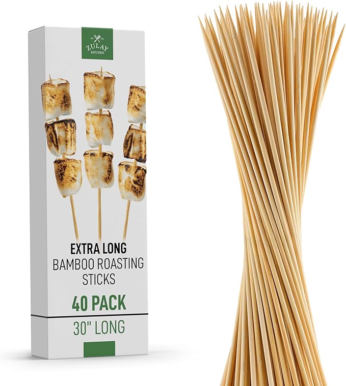 Zulay Kitchen Authentic Bamboo Marshmallow Smores Sticks - 40 Extra Long 30" Roasting Skewers - 5mm Heavy-Duty Bamboo - Ideal for Grilling & Camping
