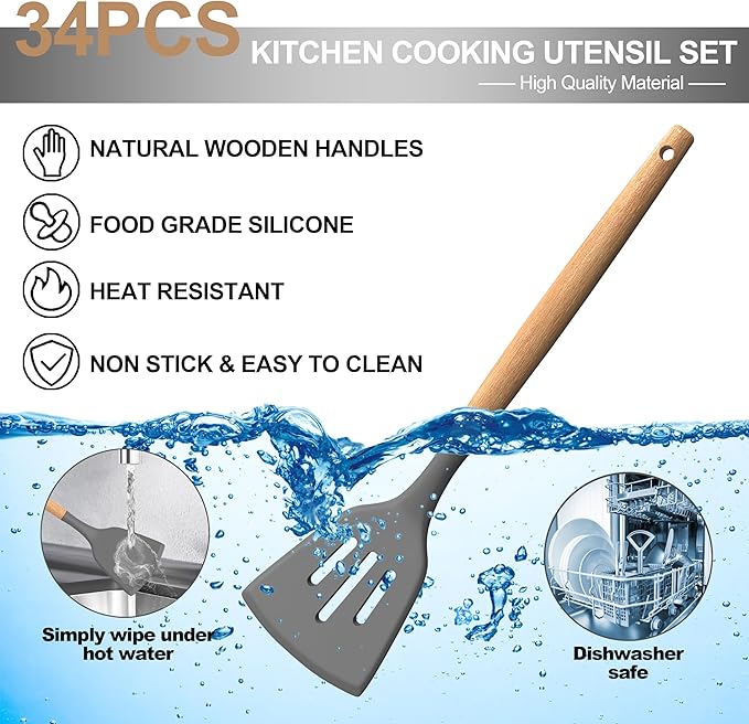 Silicone Cooking Utensils Set, 43Pcs Non-Stick Heat Resistant Kitchen Utensils Spatula Set with Wooden Handle for Baking, Cooking, and Mixing, Best Kitchen Gadgets Tools with Holder (Grey)