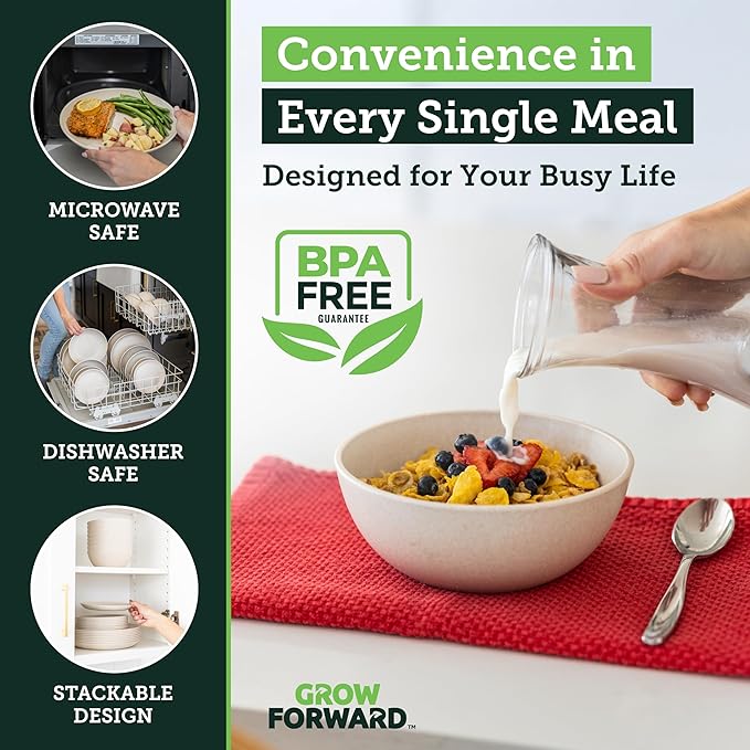 Grow Forward 24-piece Premium Wheat Straw Dinnerware Sets for 8 - Unbreakable Dishwasher & Microwave Safe Plastic Plates and Bowls Sets - Patio, Outdoors, RV, Camping Dishes - Sahara