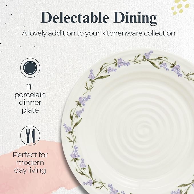 Portmeirion Sophie Conran Lavandula 11 Inch Dinner Plate, Lavender Sprig Design in Soft Purple & Green - Elegant Porcelain Dish for Spring Meals, Garden Parties, Special Events & Everyday Dining