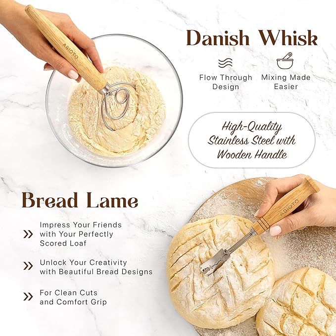 Sourdough Bread Baking Supplies and Starter Kit - Ultimate Bread Making and Sourdough Starter Kit with Proofing Baskets, Sourdough Jar, Bread Lame, Scrapers & Danish Whisk