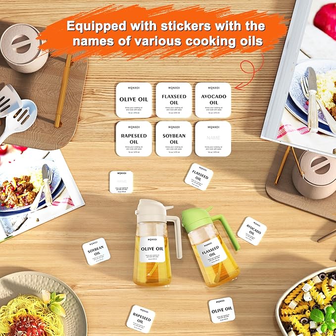 2 in 1 Glass Oil Sprayer & Dispenser,16oz/470ml Olive Cooking, Air Fryer, and Salad, for Kitchen Gadgets and Air Fryer Accessories, w/Stickers (White)