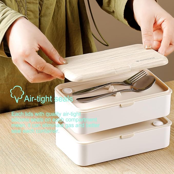Original Bento Box Lunch Box Japanese Style 2 Layer Food Containers with Utensils Spoon and Fork Bundle Divider Salad Box for Men Women(White)