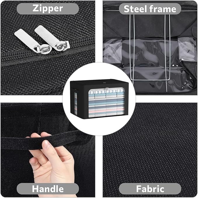 FHSQX 2 Pack Clothes Storage Bins Stackable Metal Frame Storage Box Foldable Linen Fabric Box Organizer with Carrying Handles and Clear Window (Black, 15.7x 11.8x 11.7 Inch)