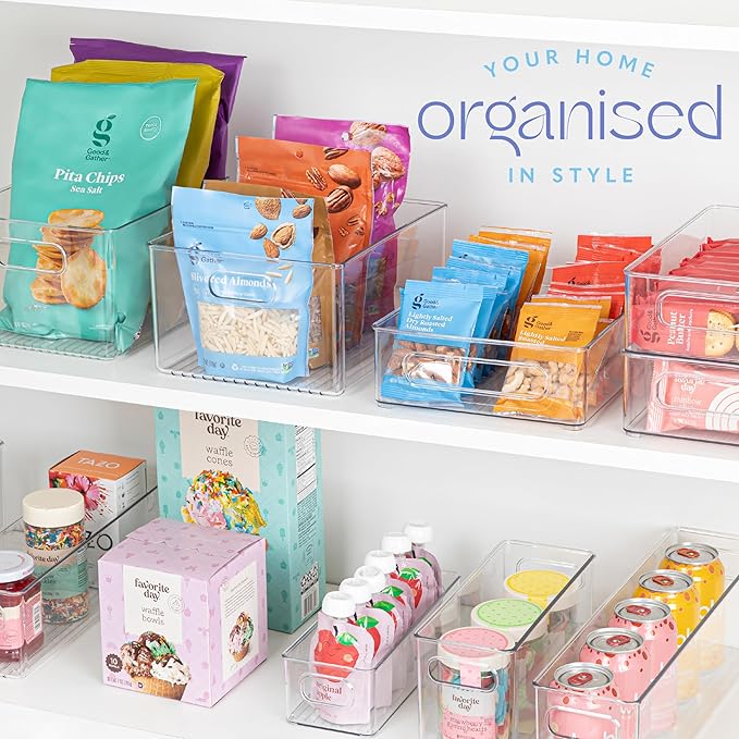 6 Pack Clear Plastic Organizer Bins with Handles for Home Organization. Storage Containers for Organizing Fridge, Freezer, Cabinet. Pantry, Great for Kitchen, Garage, Laundry Room. 10"x8"x5"