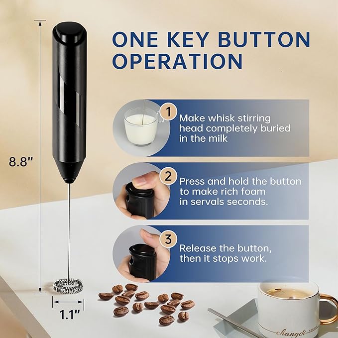 YSSOA Electric Milk Frother Handheld with Stainless Steel Stand Battery Operated Whisk Drink Mixer for Coffee, Frappe, Latte, Matcha, Hot Chocolate, Black 2 Pack