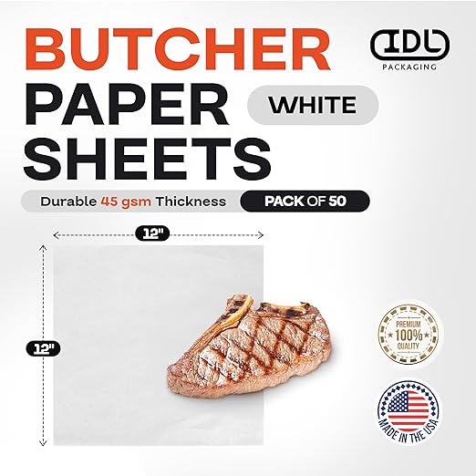 White Butcher Paper Sheets 12" x 12", Pack of 50 - USA-Made Natural Precut Butcher Paper for Smoking, Grilling & BBQ - Unwaxed, Uncoated, Untreated Food Wrapping Sheets for Cooking by IDL Packaging