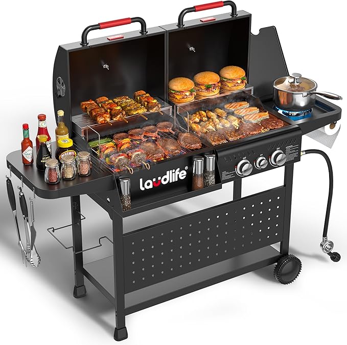 Charcoal Gas Grill Combo with Side Burner, 30,000 BTU Propane BBQ Grill, 748 SQ.IN Cooking Space, Non-Stick Porcelain Enamel Grates, Heavy-Duty Stand for Backyard Outdoor Barbecue