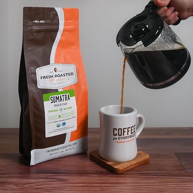 Fresh Roasted Coffee, Organic Sumatra Water-Processed Half-Caf | 100% Single Origin, USDA Organic, Kosher | Medium Roast 2 lb (32 oz) Whole Bean
