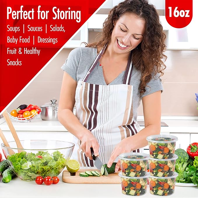 16oz-Deli Containers with Lids Leakproof - 50 Pack BPA-Free Plastic Microwaveable Clear Food Storage Container Premium Heavy-Duty Quality, Freezer & Dishwasher Safe