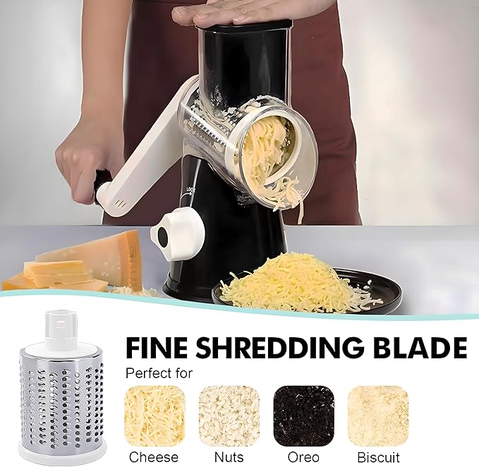 Rotary Cheese Grater, Cheese Grater Hand Crank, With Suction Base, Easy Cleaning With 3 Stainless Steel Interchangeable Drum Blades, Black
