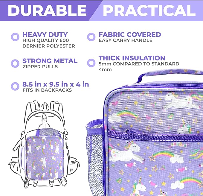 Bento Box with Insulated Lunch Bag, Ice Pack & Water Bottle Set for Kids - 5 Compartments, Lunches or Snack Container Girls, Toddlers Daycare Pre-School, Kindergarten Purple Unicorn