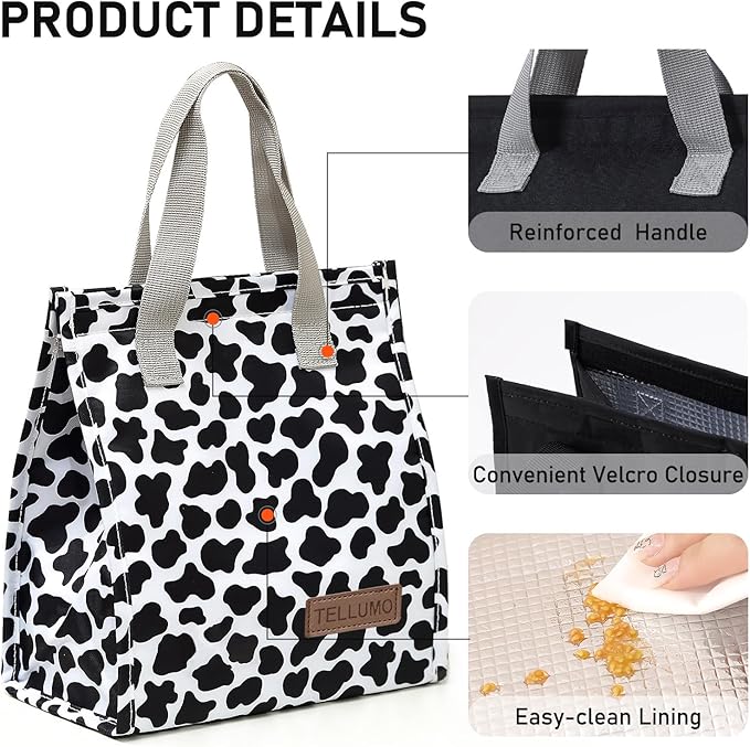 TELLUMO Lunch bag, Insulated Lunch Bag for Women Men Large Lunch Box Container Reusable Leakproof Tote for Office, Work, School, Beach or Travel (Cow-print)