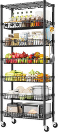 7 Tier Wire Shelving with Wheels 72" H Adjustable Basket Shelf Storage Shelves with Hooks for Kitchen Bathroom Pantry Shelves Closet Laundry Room Organization 72" H x 30" W x 14" D, Black