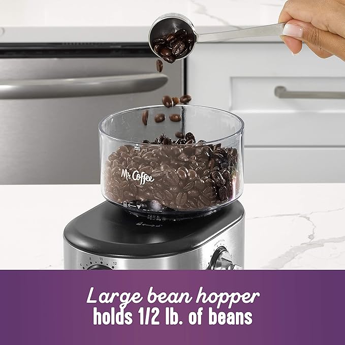 Mr. Coffee Burr Coffee Grinder Automatic Grinder with 18 Presets for French Press Drip and Espresso 18-Cup Capacity Stainless Steel