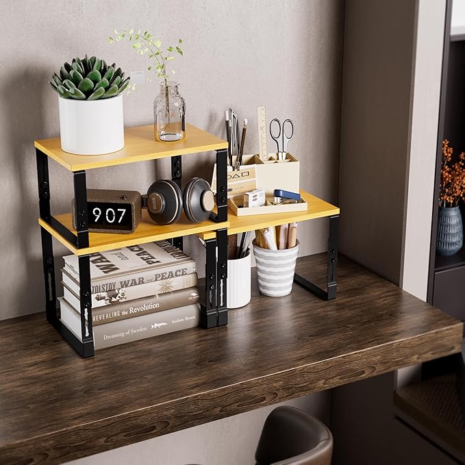 Adjustable Storage Shelves for Kitchen Cabinet Organization - Set of 2 Stackable Metal & Solid Wood Racks, Space-Saving Design for Countertop/Pantry/Garage, Easy Assembly(2 Packs/Large/Black)