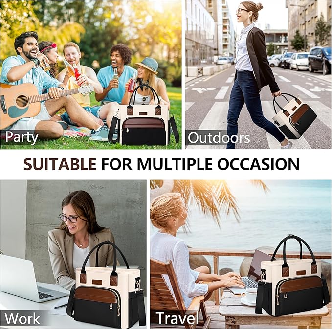 Lunch Bag Lunch Box Women - Leakproof Insulated Lunch Cooler Bag for Women - Large Lunch Tote Bags Adults, Black with Off White with Brown