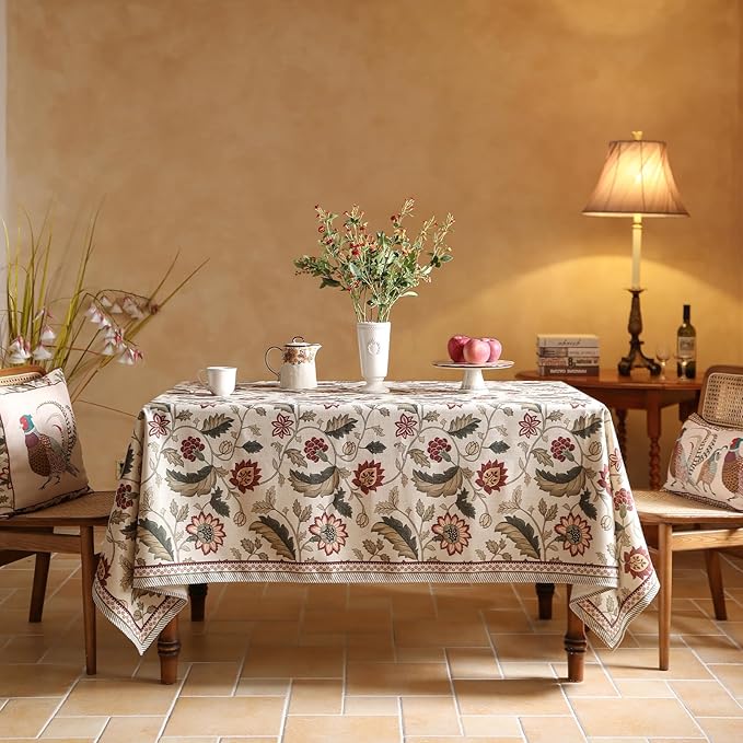 ISAENNE Designer Provence Floral Long Rectangular Tablecloth,Linen Colorful Washable Indoor Table Cloth,Durable Decor Tablecloths for Dining Thanksgiving Kitchen Christmas,63"*94"-Ratina