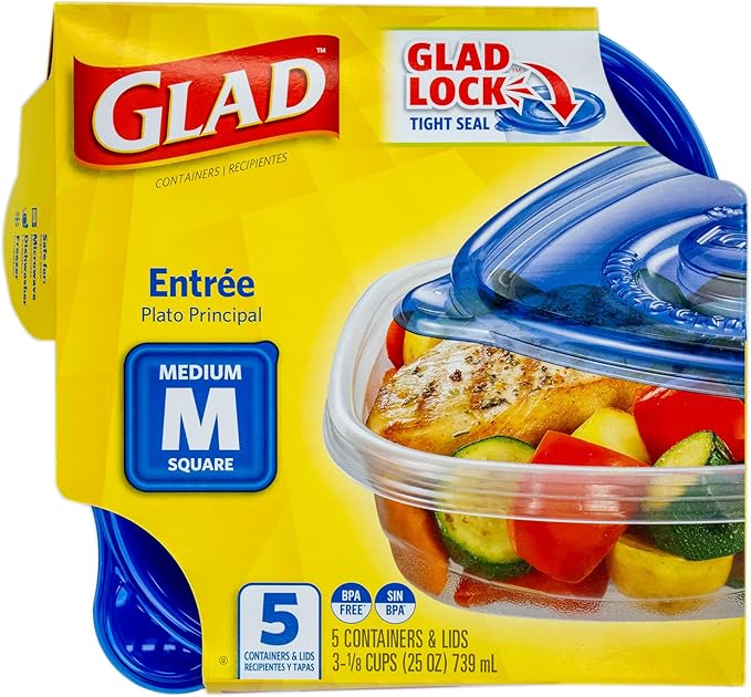 Glad GladWare Entrée Food Storage Containers, Medium Square - Meal Container Holds up to 25 Ounces of Food - Lock Tight Seal, 5 Count