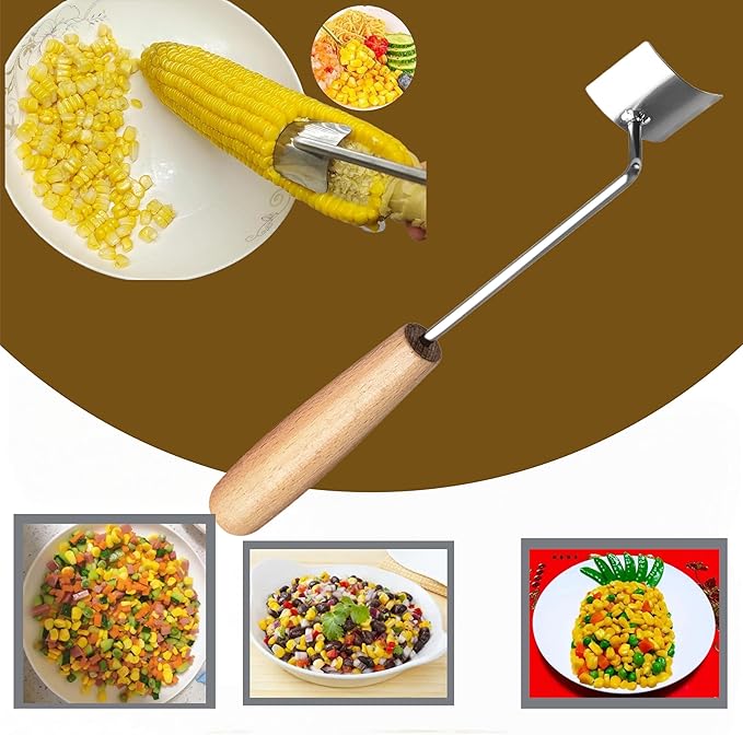 Wooden Handle Corn Peeler with Wear Silicone Gloves - Non Slip Grip for Safe Corn Kernel Removal, Stainless Steel Corn Peeler Cob Stripper for Peelers for Kitchen