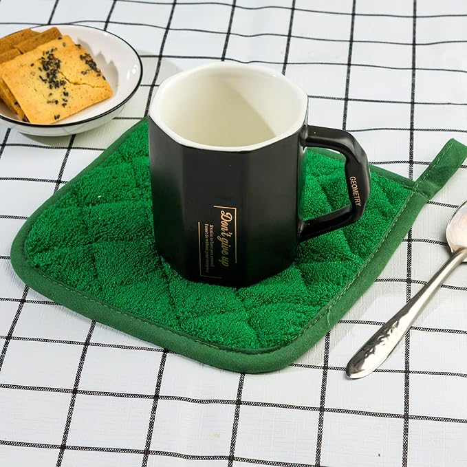 100% Cotton Kitchen Everyday Basic Terry Pot Holder Heat Resistant Coaster Potholder for Cooking and Baking Set of 5 Dark Green