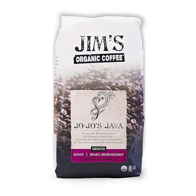 Jim’s Organic Coffee – Jo-Jo's Java Blend: Ground Coffee – Medium/Light Roast 12oz Bag– Certified Organic, Regeneratively Grown, Ethically Sourced, Shade Grown Coffee