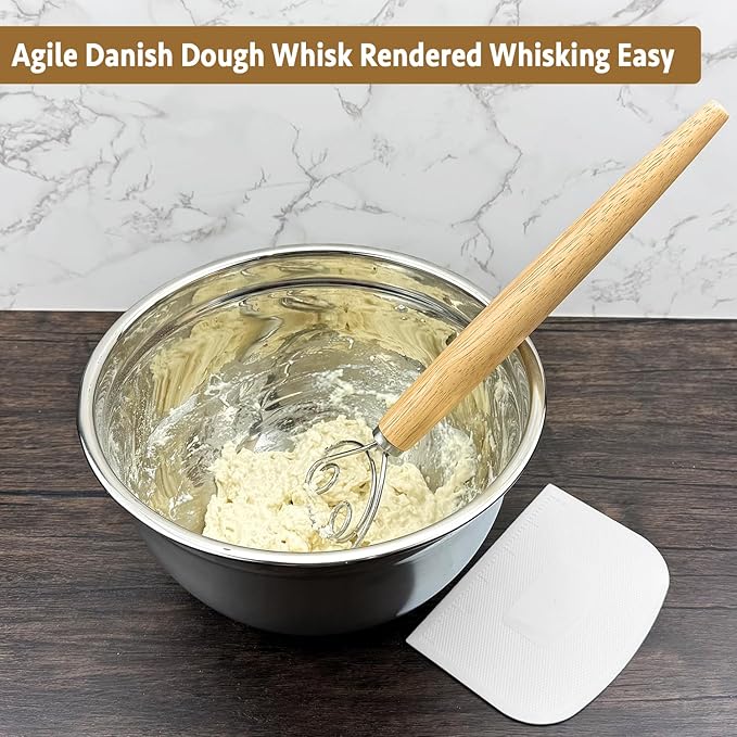 CAMKYDE 13-Inch Danish Dough Whisk and Scraper, Wooden Danish Whisks for Dough with 18/8 Stainless Steel Dough Hook, Sturdiness Dutch Bread Whisk for Sourdough, Pizza, Pastry, Cake Batter