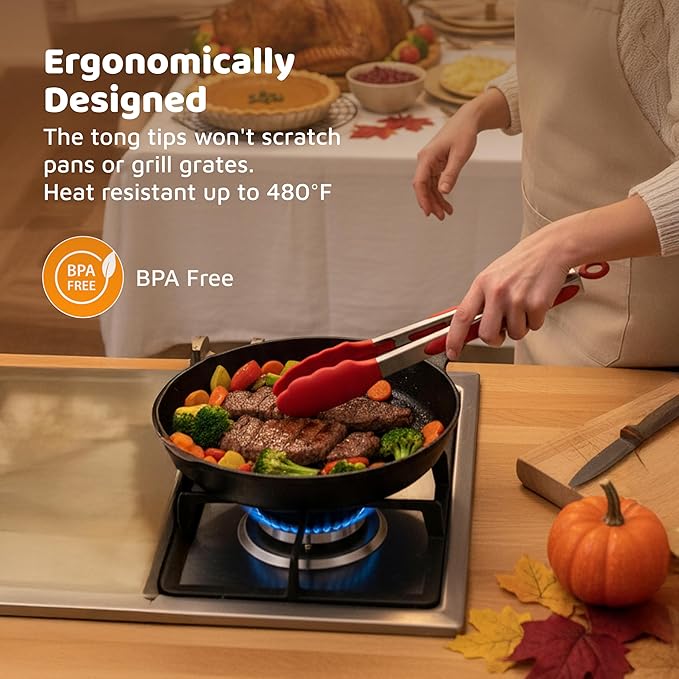 Popco 3-Piece Kitchen Tongs Set – Stainless Steel Heat Resistant Silicone Tips, Strong Comfort Grip, 3 Sizes (7, 9, 12 Inch), Non-Scratch, Dishwasher Safe, for Cooking, BBQ, Salad