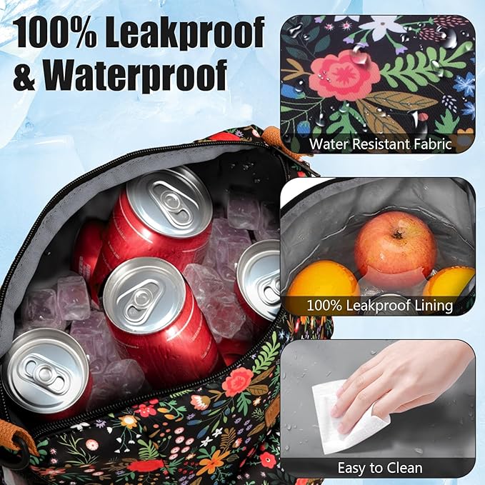 Joymee Lunch Bag Women Insulated Lunch Box Reusable Leakproof Large Spacious Cooler Tote for Women Men Adult with Bottle Holder and Side Pockets for Work Office Travel Picnic -08 Multi-Floral