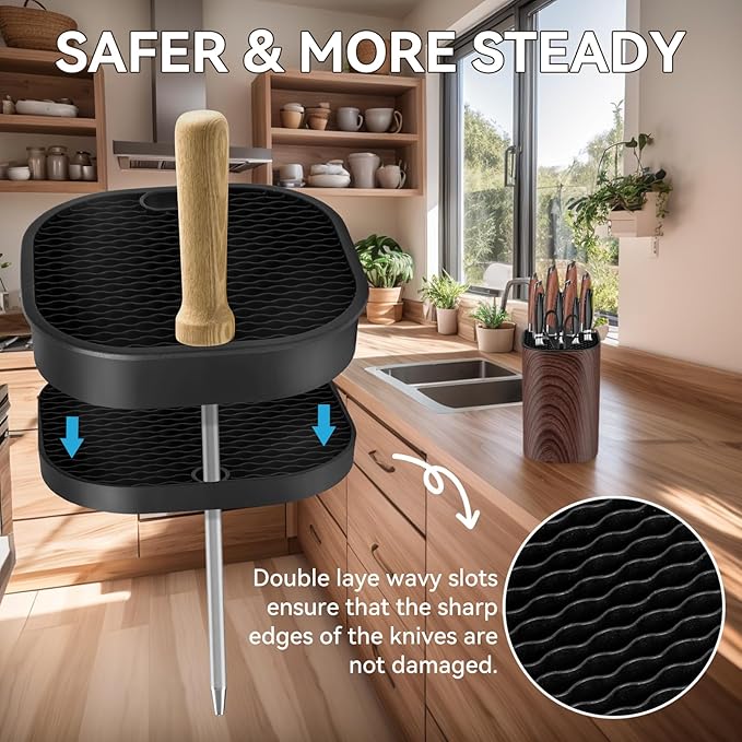 Ninonly Knife Block Without Knives 3 in 1 Universal Square Knife Holder Without Knives with Scissors Slot and Sharpening Rod Detachable Kitchen Knife Holder for Easy Cleaning Space Saver Brown