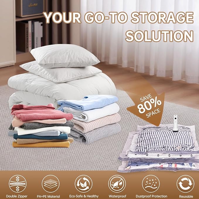 Vacuum Bags for Travel with Wireless Rechargeable Pump, 12 Pack Carry-on Size Compression Packing Seal Bags for Luggage and Suitcase, Space Saver Vacuum Storage Bags for Clothes and Clothing Travel ﻿