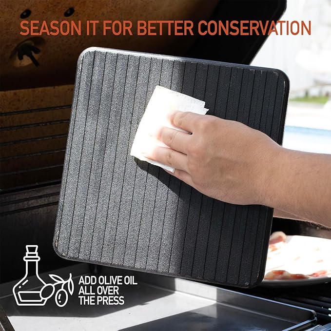 The Beef Master Cast Iron Grill Press - XL Burger Press, Pre-Seasoned Griddle Press, Heavy Duty Meat Press for Bacon, Burgers, and Steak with Cool Touch Handle - 10”x10”x4”