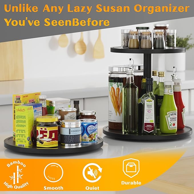 Lazy Susan Organizer Homerays 12 Inch Non-Skid Bamboo Lazy Susan for Kitchen Rotating Spice Rack for Kitchen Cabinet, Wood Turntable for Kitchen Countertop Organizer Black