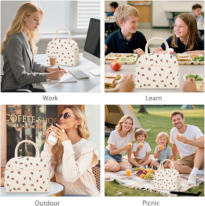 DALINDA Insulated Strawberry Lunch Bag for Women,Cute Corduroy Lunch Tote Bags Lunch Box Water-Resistant Large Capacity Reusable Insulated Cooler for Work Picnic or Travel