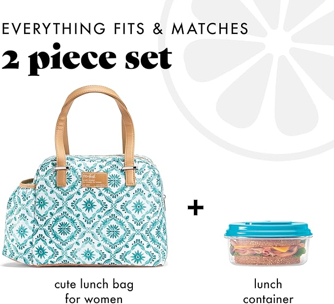 Fit & Fresh Insulated Leakproof & Stain-Resistant Large Lunch Box For Women With Expandable Bottle Pocket, Zipper Closure Laketown Lunch Bag Aqua