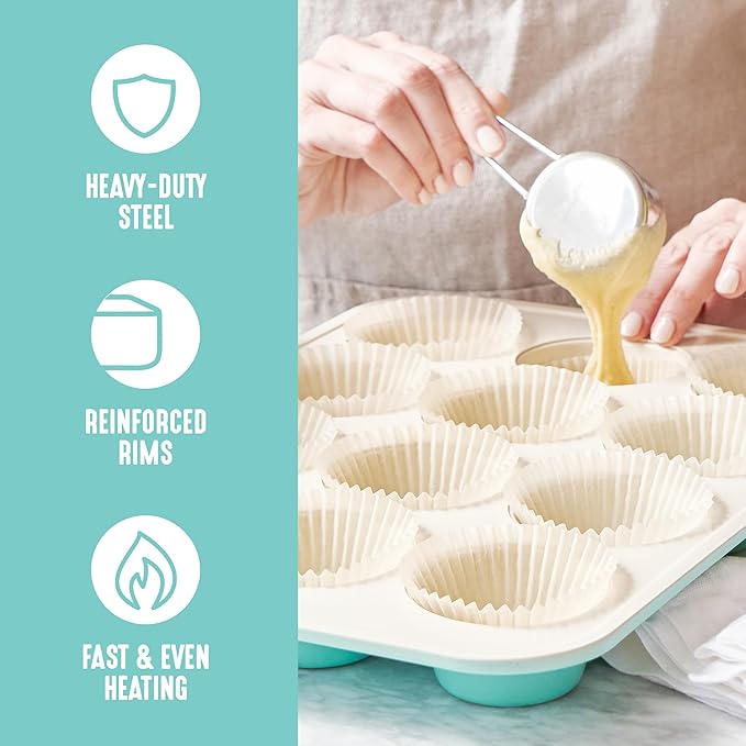 GreenLife 12-Cup Muffin Pan, PFAS-Free Healthy Nonstick Baking Tray, 11.4" x 1.9" x 15.9", Durable Ceramic Bakeware, Cupcakes, Egg Bites, Tarts, Brownies, Turquoise