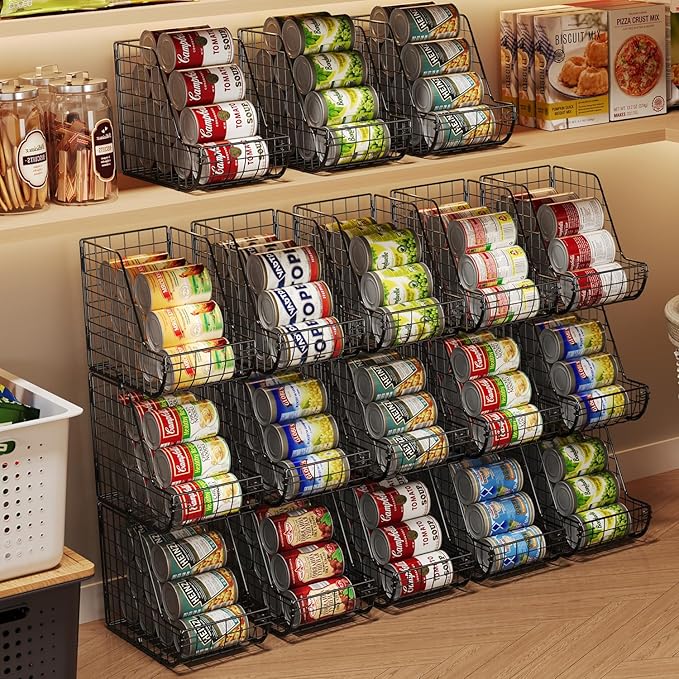 X-cosrack Stackable Can Organizer for Pantry 3Pack，Standing Dispenser Storage Bins,Metal Wire Basket Beverage Pop Soda Rack Stand Kitchen Pantry Countertop Cabinets,Stacking Canned Food Holder