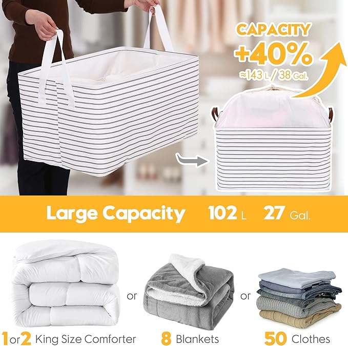 Hinwo 102L XXL Storage Bins, 4-Pack Closet Organizers and Storage, Foldable Clothes Storage Baskets with Handles, Containers for Clothing, Blanket, Comforters, Toys, Bedding (Gray Stripe)