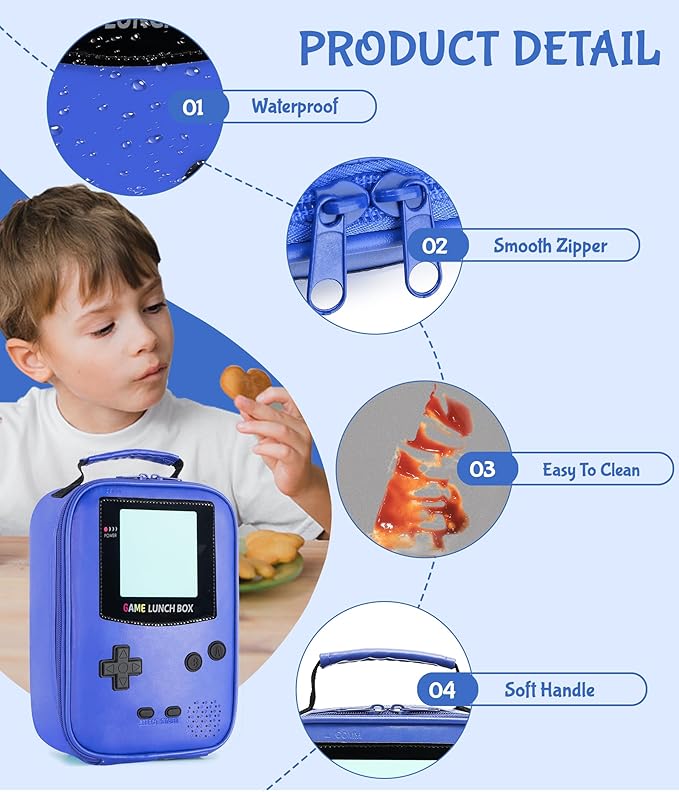 Boy Lunch Box,Kids Lunch Bag Insulated Leather Game Lunch Box for School Thermal Meal Cooler Lunch Boxes for Boy Girl Kid Toddler Teen