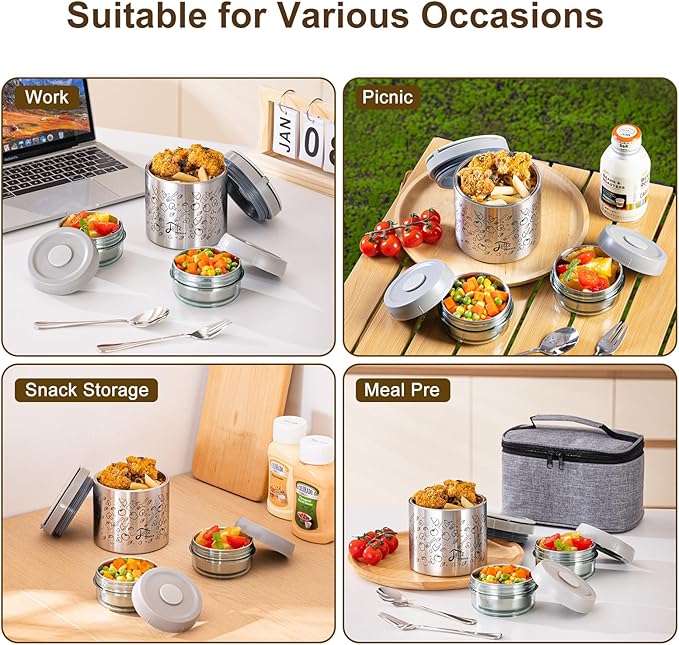 Lille Home Portable Insulated Lunch Box Set with Stainless Steel Cutlery, vacuum lunch box, to Keep Food Warm or Cool, Two Containers for Fruits and Sauces, Durable and Leak-Proof(GREY)