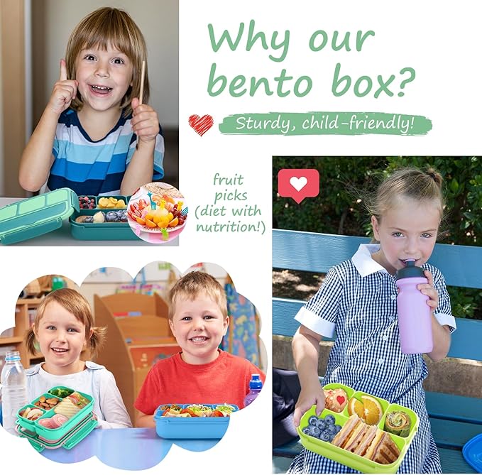 QQKO Bento Box for Kids Adults, School Toddler Lunch Box for Boys Girls, Lunch Box Containers with 4 Compartments, Sauce Container, Utensils, Food Picks and Muffin Cups for School, Green